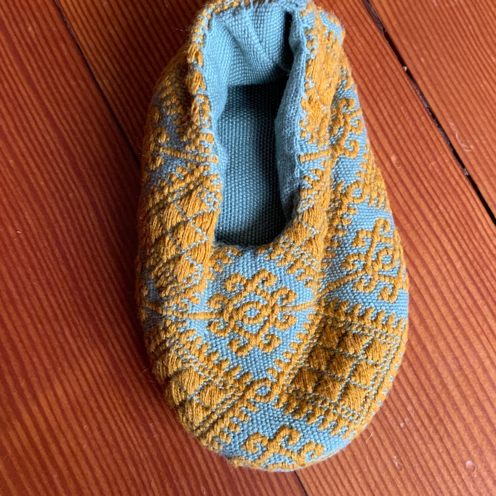 Handcrafted Blue and Mustard Yellow Woven Baby Slippers - Picture 2 of 4